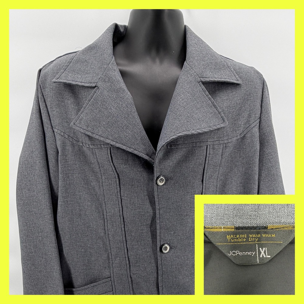 Vintage 70s JCPenney Men's Gray Leisure Jacket XL Western Yoke Safari Disco Coat